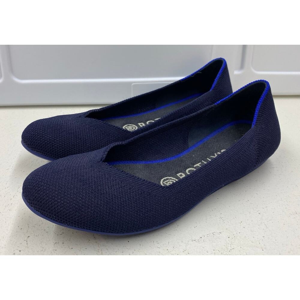 Women Rothy's navy knit rounded toe slip-on casual ballet flats shoes, 6